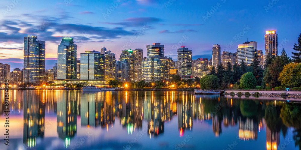Fototapeta premium Panoramic view of Vancouver's majestic skyline with modern skyscrapers, lush greenery, and sparkling water reflections at dusk, showcasing the city's harmony with nature.