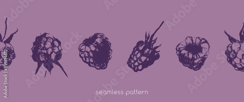 Scotch tape with blackberry pattern. Vector drawing of blackberries in style of hand drawn graphics. Dry pastel  mulberry illustrations. Fruit ribbon with seamless pattern of purple berries.