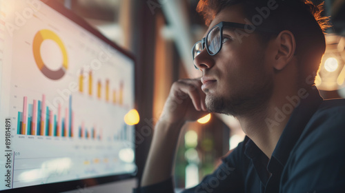 Young businessman wearing glasses, sitting in office, and looking at the company charts and graphs, corporate analytics on a laptop or notebook screen. Male employee working, job w