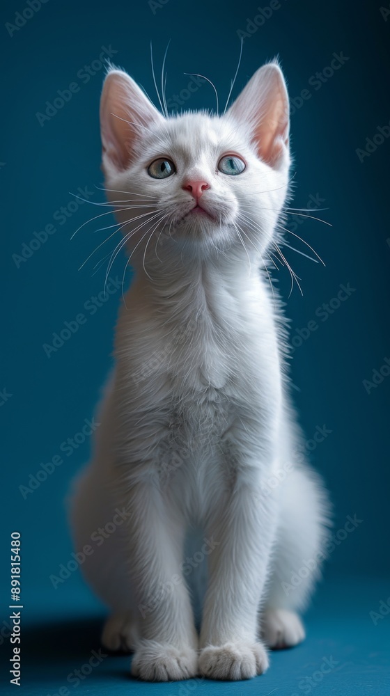 Adorable White Kitten with Blue Eyes Against Blue Background. Adorable White Kitten with Blue Eyes Against Blue Background.