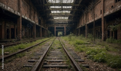 Disused industrial building with overgrown railroad tracks