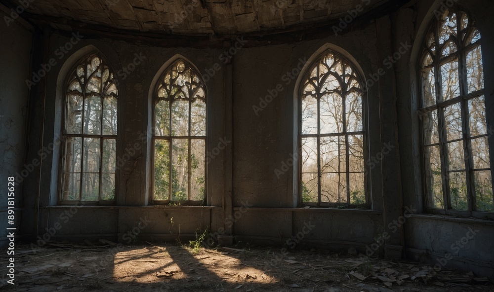 Empty and abandoned room with large gothic style windows. Empty and abandoned room with large gothic style windows.