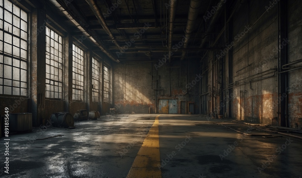 Spacious deserted industrial warehouse with large windows Spacious deserted industrial warehouse with large windows