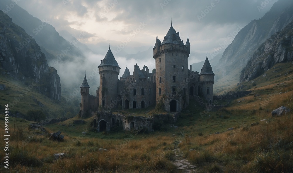 Misty castle ruin in a mountainous, serene landscape Misty castle ruin in a mountainous, serene landscape