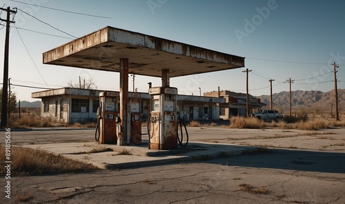 Abandoned gas station in desolate remote desert region