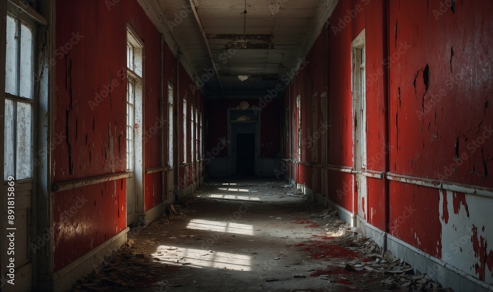 Abandoned hallway with peeling red paint on walls. Abandoned hallway with peeling red paint on walls.