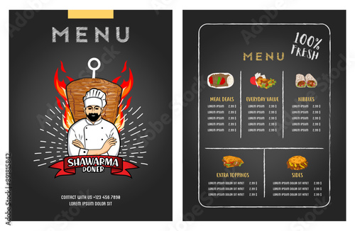 German Doner Kebab Hand drawn vector illustration. Making doner kebab and kebab ingredients. Fast food design elements. Restaurant cafe poster, menu template design.