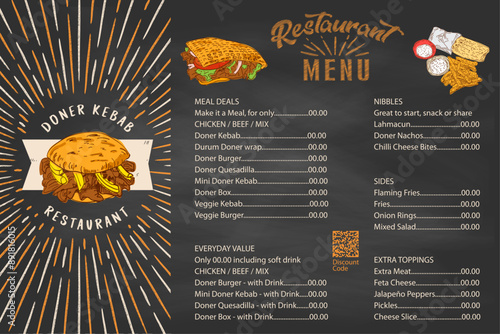 German Doner Kebab Hand drawn vector illustration. Making doner kebab and kebab ingredients. Fast food design elements. Restaurant cafe poster, menu template design.