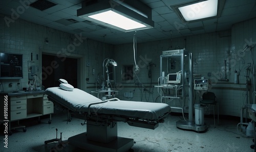 Dimly lit operating room with medical equipment scattered.