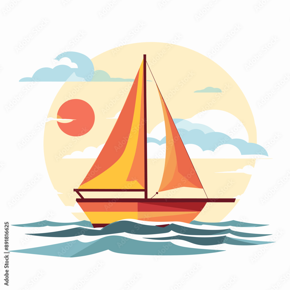 Sailing boat on the sea. Vector illustration in flat style. Sailing boat on the sea. Vector illustration in flat style.