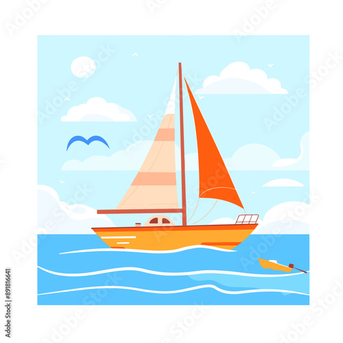 Sailing boat on the sea. Vector illustration in flat style.