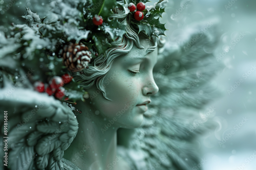 Side view of a serene beautiful angel statue in winter. Carved angel with closed eyes in a serene winter wonderland. Side view of a serene beautiful angel statue in winter. Carved angel with closed eyes in a serene winter wonderland.