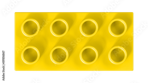 Gold Lego Block Isolated on a White Background. Close Up View of a Plastic Children Game Brick for Constructors, Top View. High Quality 3D Rendering with a Work Path. 8K Ultra HD, 7680x4320, dpi