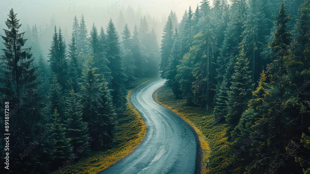 Serene Curved Road Through Dense Evergreen Forest in Early Morning Fog - Peaceful Natural Scenic Landscape for Tranquil Travel and Adventure Serene Curved Road Through Dense Evergreen Forest in Early Morning Fog - Peaceful Natural Scenic Landscape for Tranquil Travel and Adventure