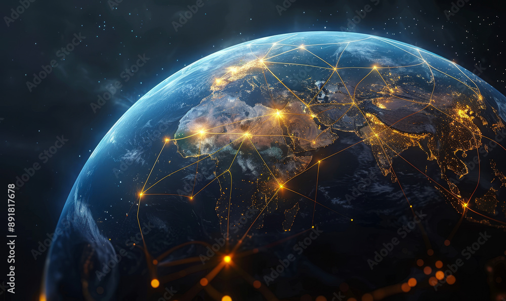 Obraz premium Glowing Planet with Yellow Network Connecting Cities on Black Background Depicting Global Communication, Nighttime Visualization, Digital Connectivity, and Urban Interconnectivity