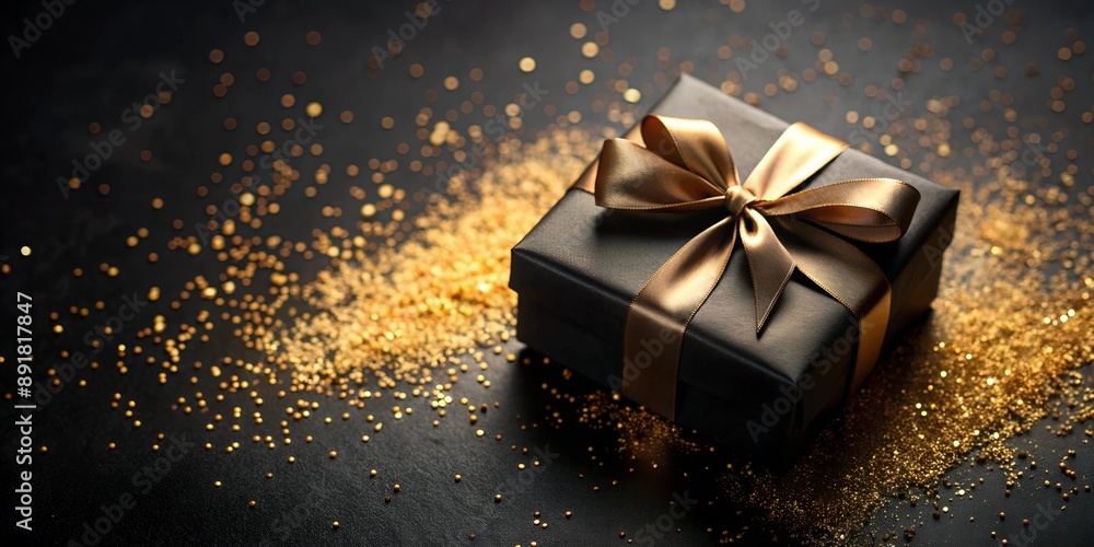 black gift box with gold ribbon and sparkles on a dark background black gift box with gold ribbon and sparkles on a dark background