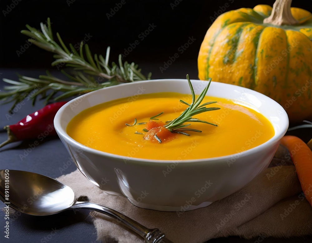 A bowl of creamy squash soup garnished with rosemary and paprika A bowl of creamy squash soup garnished with rosemary and paprika