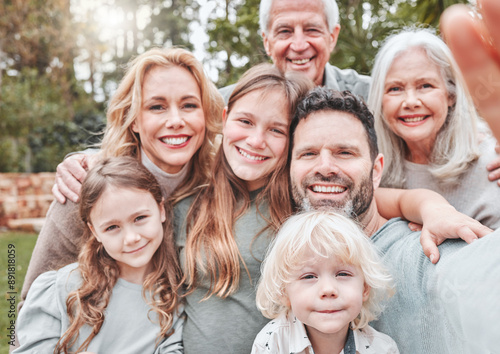 Selfie, children and parents with grandparents in portrait with embrace, bonding or generations outdoor in home. Family, hugging and photography for happy memory, support or love in backyard of house