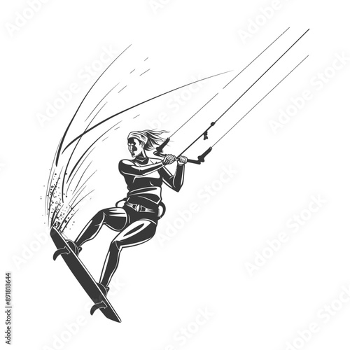 kitesurfing woman athlete in action minimalist line art icon logo symbol