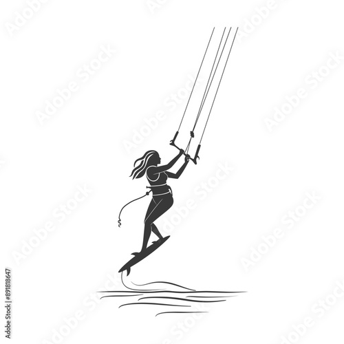 kitesurfing woman athlete in action minimalist line art icon logo symbol