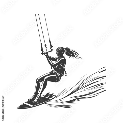 kitesurfing woman athlete in action minimalist line art icon logo symbol