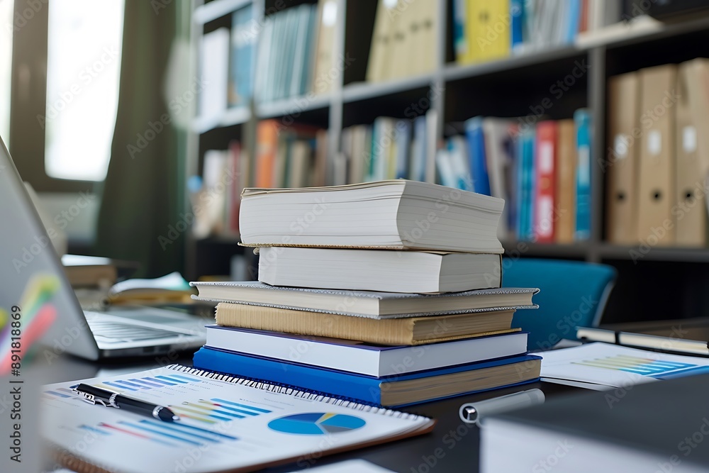 A stack of business management books and business strategy notebooks, with financial reports and a laptop on a business consultant's desk. A stack of business management books and business strategy notebooks, with financial reports and a laptop on a business consultant's desk.
