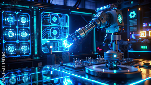 Futuristic robotic arm with glowing blue circuits and wires extending from metallic body, surrounded by holographic screens and neon lights in dark laboratory setting.