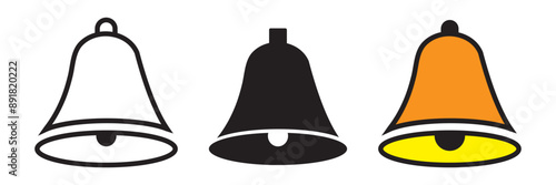 Bell ring icon set. alarm notification bell vector symbol. doorbell pictogram. phone warning notify sign in black filled and outlined style.