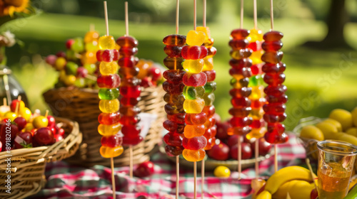 Gummy candy skewers in baskets at market