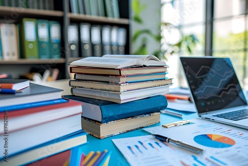 A stack of business management books and business strategy notebooks, with financial reports and a laptop on a business consultant's desk.