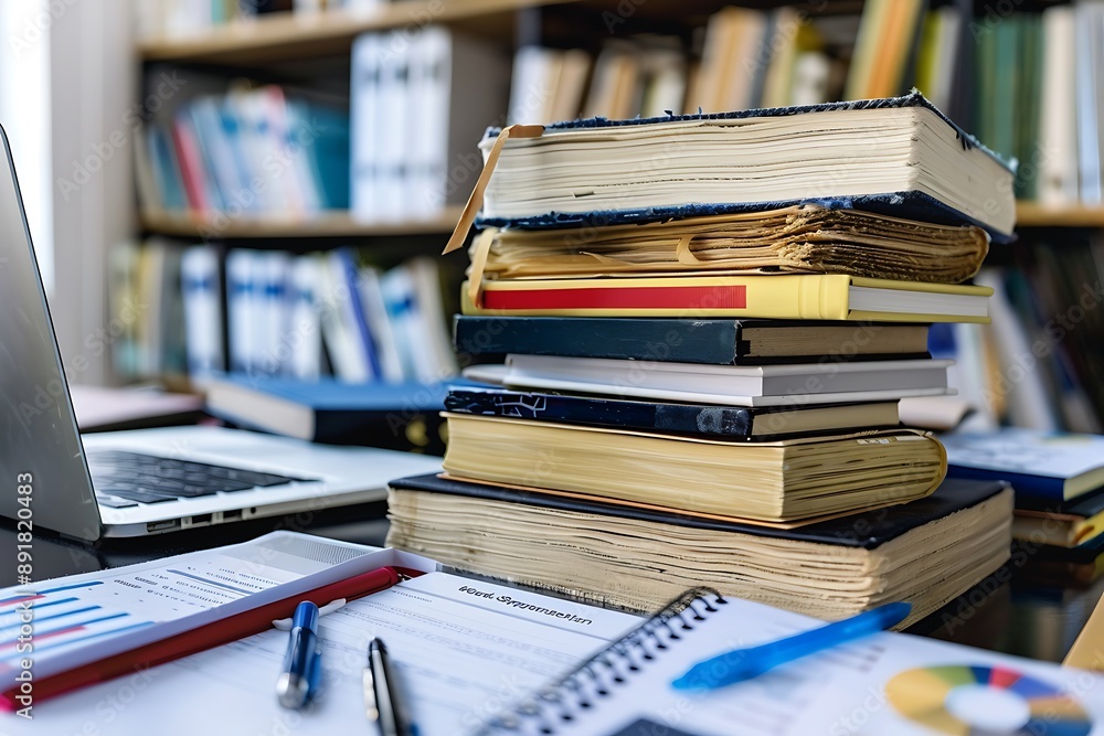 A stack of business management books and business strategy notebooks, with financial reports and a laptop on a business consultant's desk. A stack of business management books and business strategy notebooks, with financial reports and a laptop on a business consultant's desk.