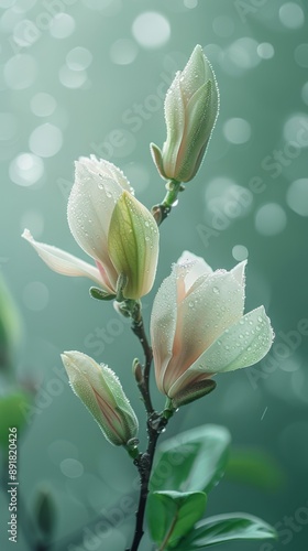 Dew-Kissed Magnolia Buds in Soft Morning Light with Bokeh Background.