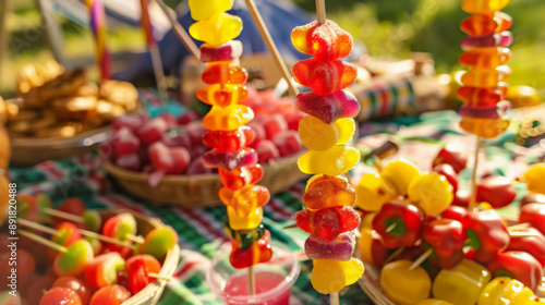 Colorful gummy candy skewers at outdoor fair