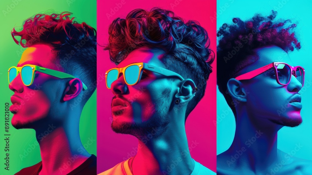 Obraz premium Portraits of individuals rendered in neon colors, showcasing their features with bold outlines and vivid hues, offering a modern interpretation of traditional portraiture.