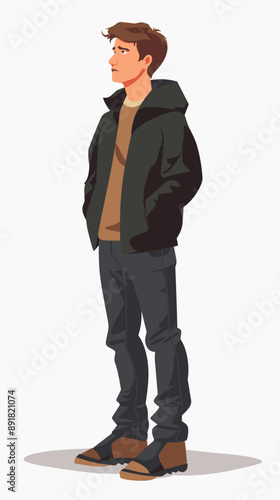 A man in a black jacket and jeans stands in front of a white background. He is looking down, possibly lost in thought. Concept of introspection and contemplation