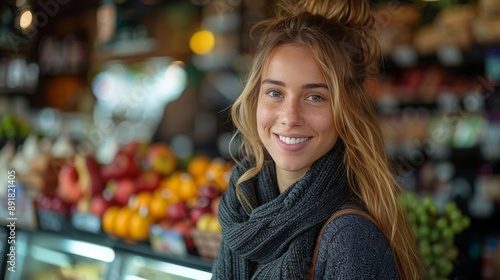 A cheerful young woman with blonde hair smiling in a vibrant fresh produce market, surrounded by fruits and vegetables