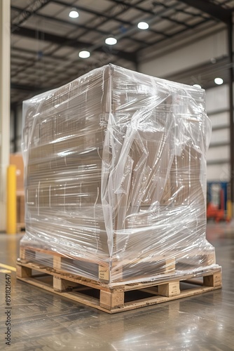 Polyethylene shrink wrap covering a pallet of goods, emphasizing its protective qualities in shipping photo