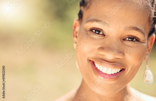 Closeup, smile and black woman in portrait for dental, teeth whitening and oral hygiene for wellness. Mockup space, tooth implant and female person with self care, orthodontics and wellbeing results