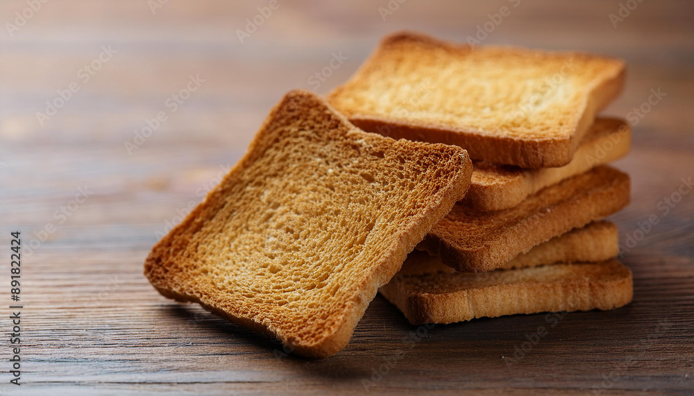Square bread rusks pile, whole wheat toast slices on wooden table. Tasty food. Square bread rusks pile, whole wheat toast slices on wooden table. Tasty food.