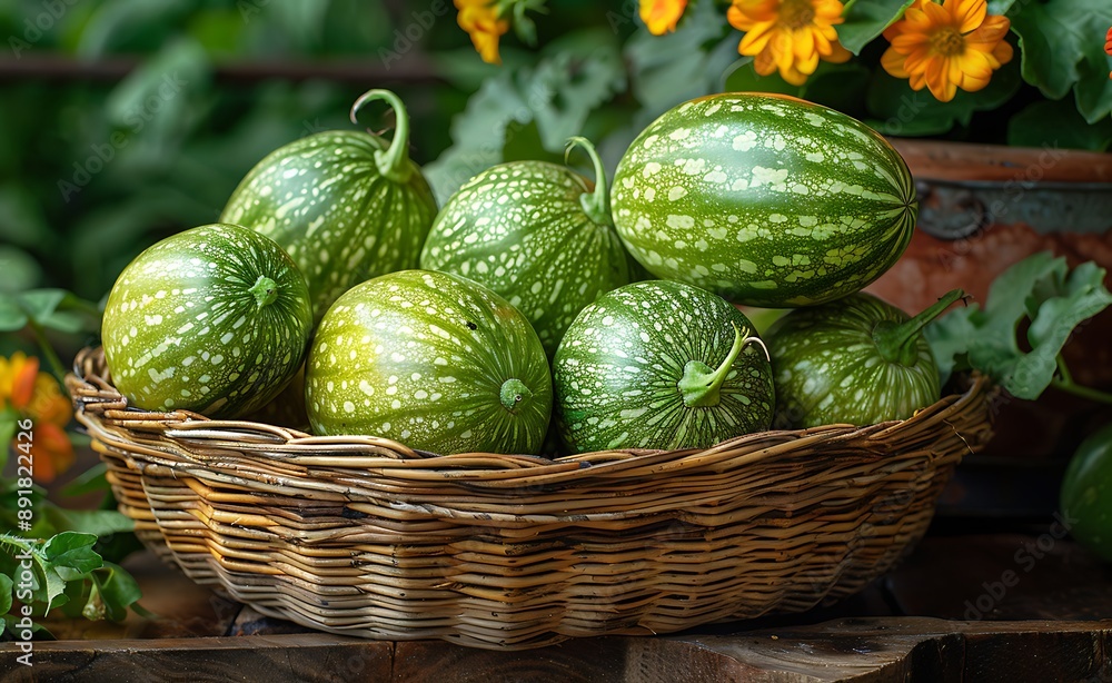 a basket of green watermelons. a basket of green watermelons.
