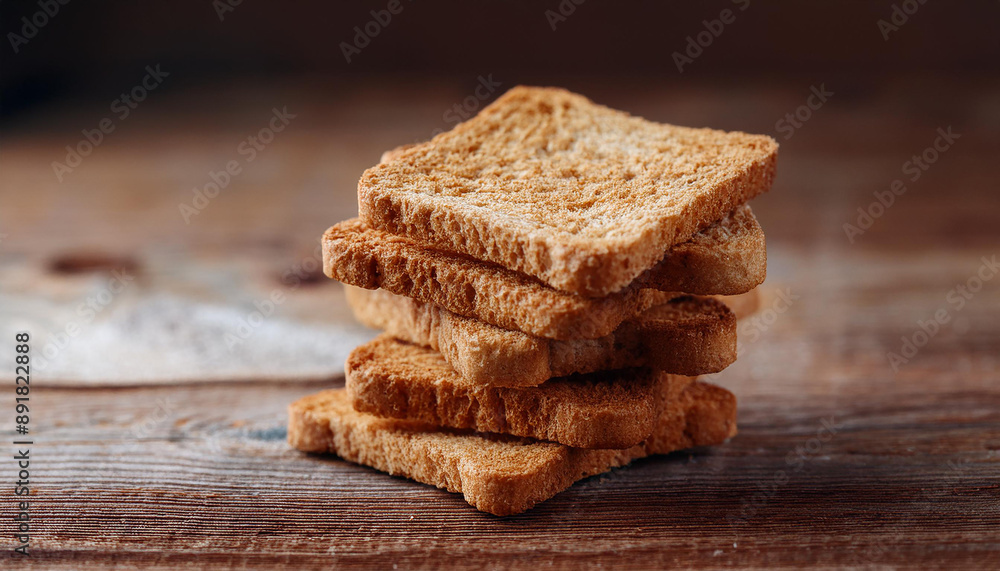 Square bread rusks pile, whole wheat toast slices on wooden table. Tasty food.