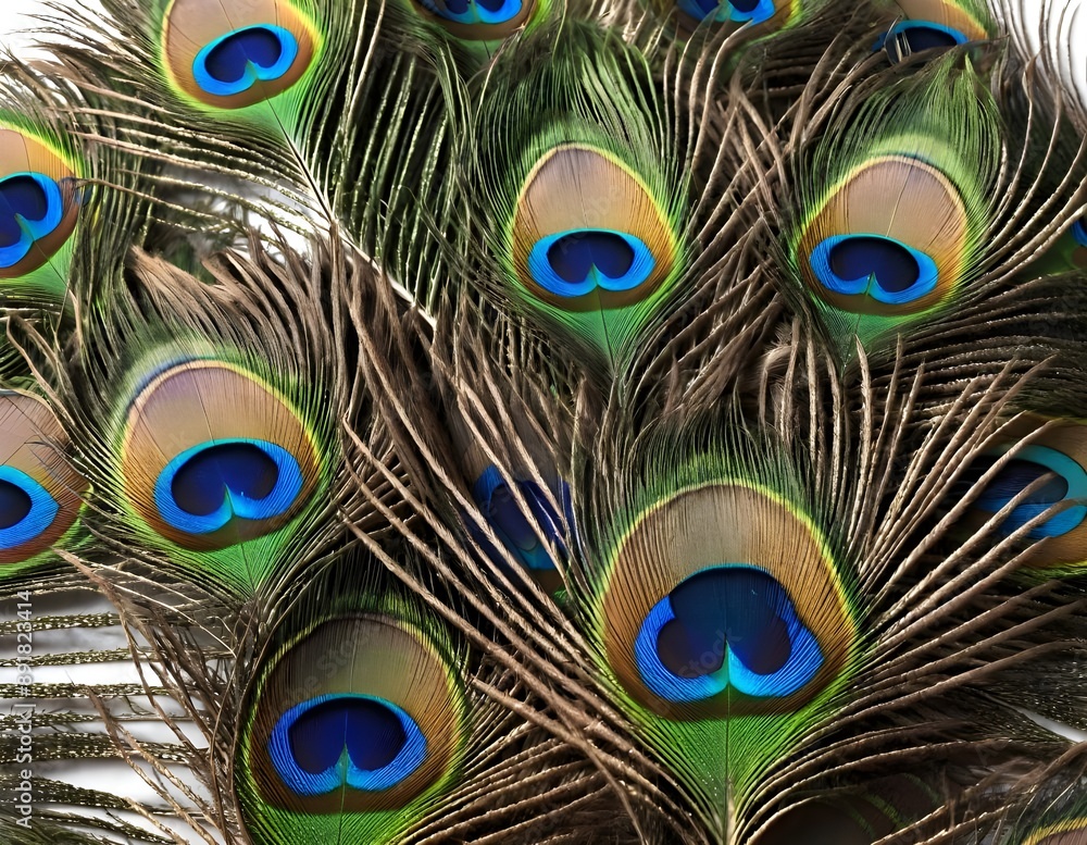 Fototapeta premium Close Up of Peacock Feathers With Eye Spots, beautiful background