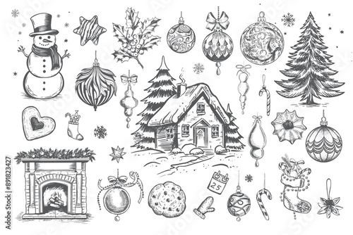 Christmas set in sketch style. Hand drawn illustration.	
