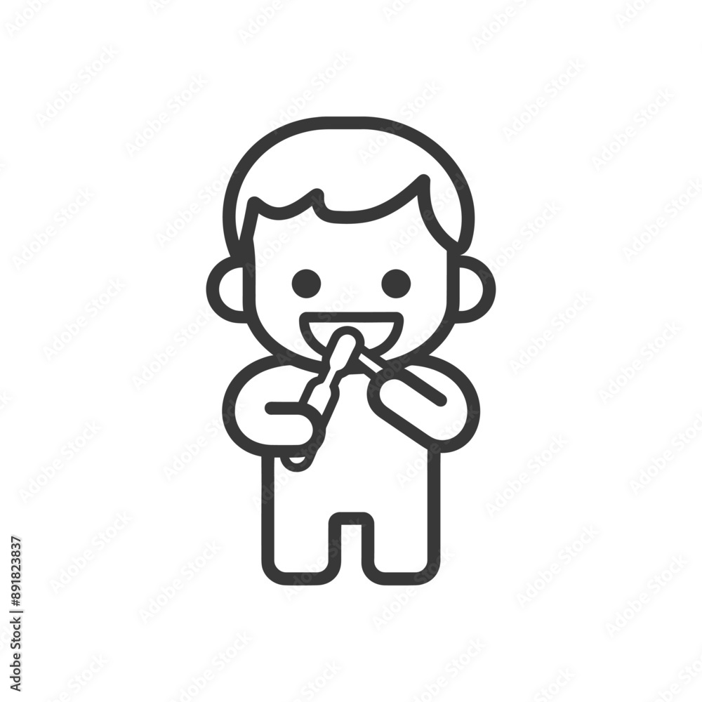 Obraz premium little boy brushing teeth minimalist line art icon logo symbol