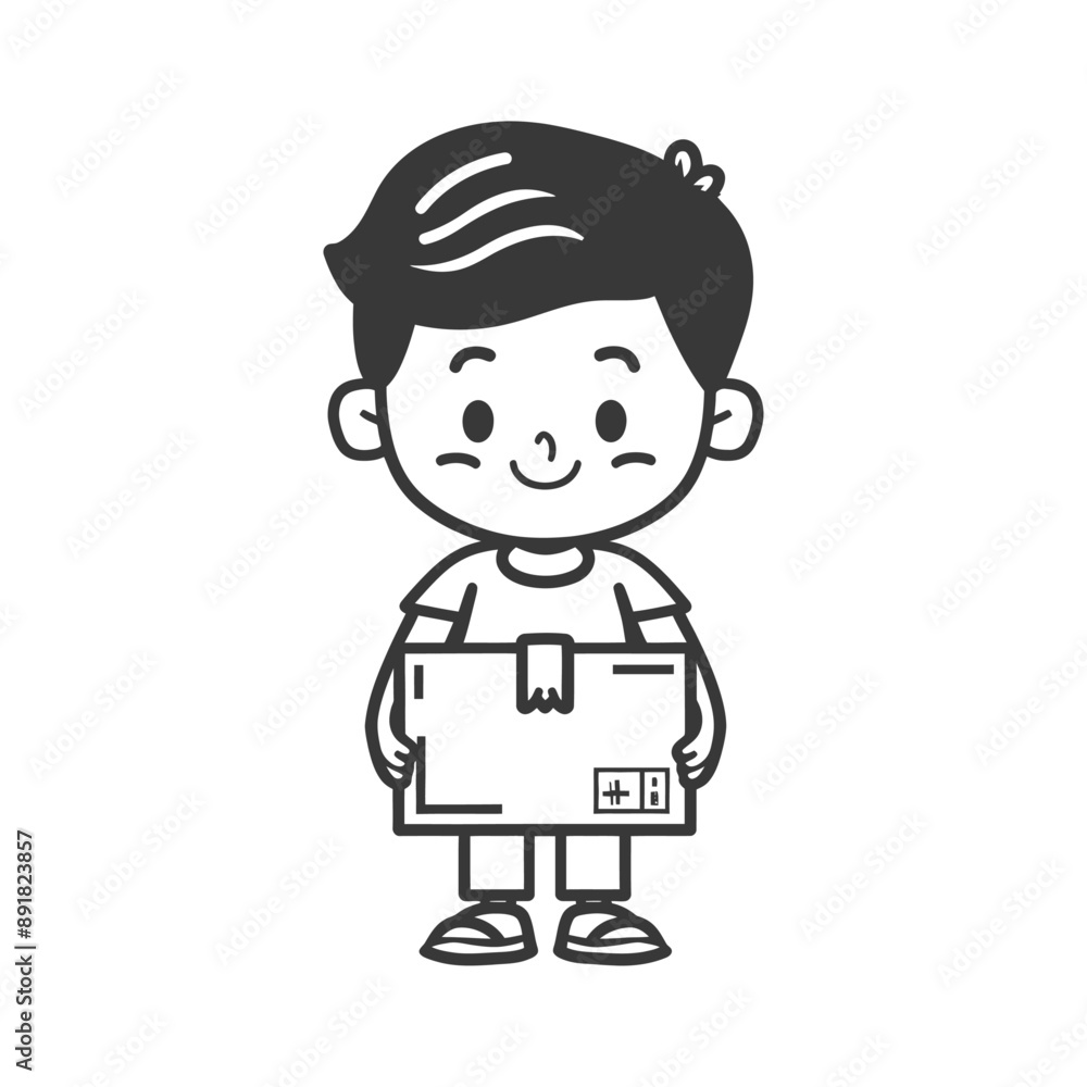 Obraz premium little boy carry goods in loader box minimalist line art icon logo symbol