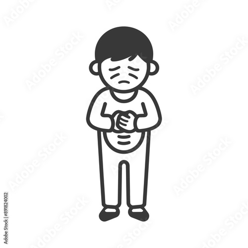little boy holding stomach in pain minimalist line art icon logo symbol