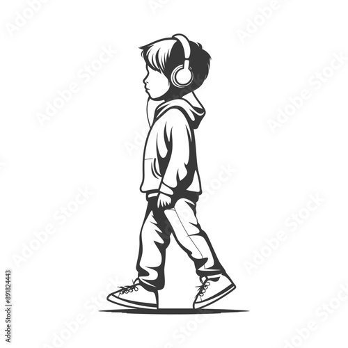little boy walking listening to headset minimalist line art icon logo symbol