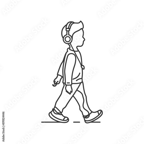 little boy walking listening to headset minimalist line art icon logo symbol