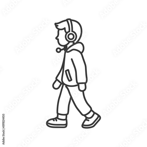 little boy walking listening to headset minimalist line art icon logo symbol