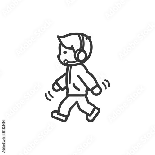 little boy walking listening to headset minimalist line art icon logo symbol